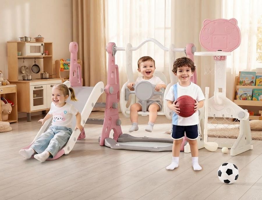 BIERUM 6-in-1 Toddler Slide Swing Set for Kids 1-3